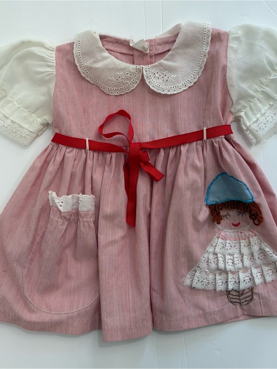 Other - Vintage Girls Dress Pinafore Lace Toddler SZ 12-18 M Red White Embroidered